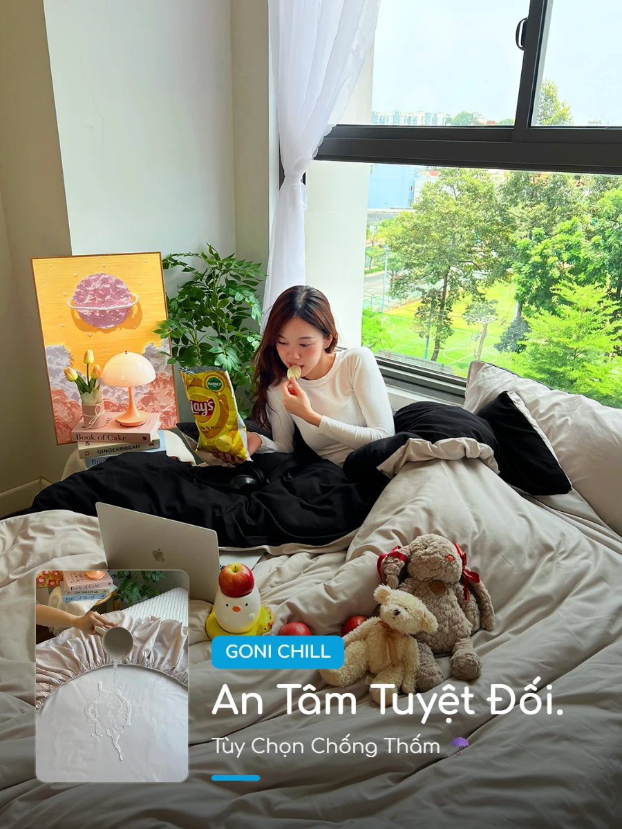 Bộ chăn ga gối Goni Chill màu Đen Beige 52 Ga giường chống thấm Goni Chill Đen Beige