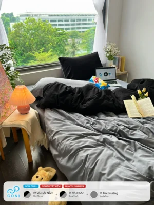 Bộ chăn ga gối Goni Chill màu Đen Xám
