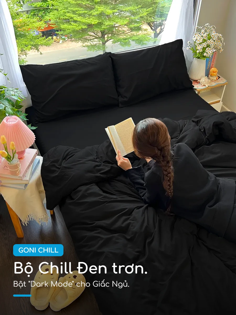 Bộ chăn ga gối Goni Chill màu Đen 47 Phòng ngủ All Black Goni