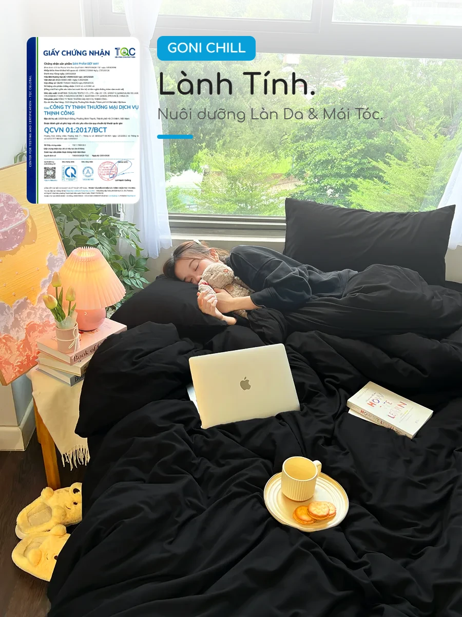 Bộ chăn ga gối Goni Chill màu Đen 48 Chất vải Microfiber Trơn Đen