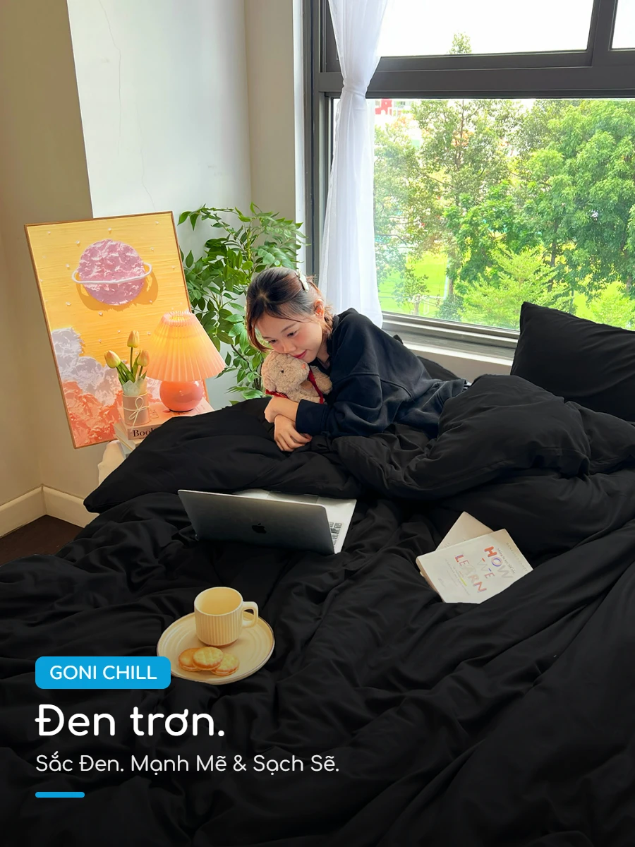Bộ chăn ga gối Goni Chill màu Đen 50 Goni Chill Đen Decor