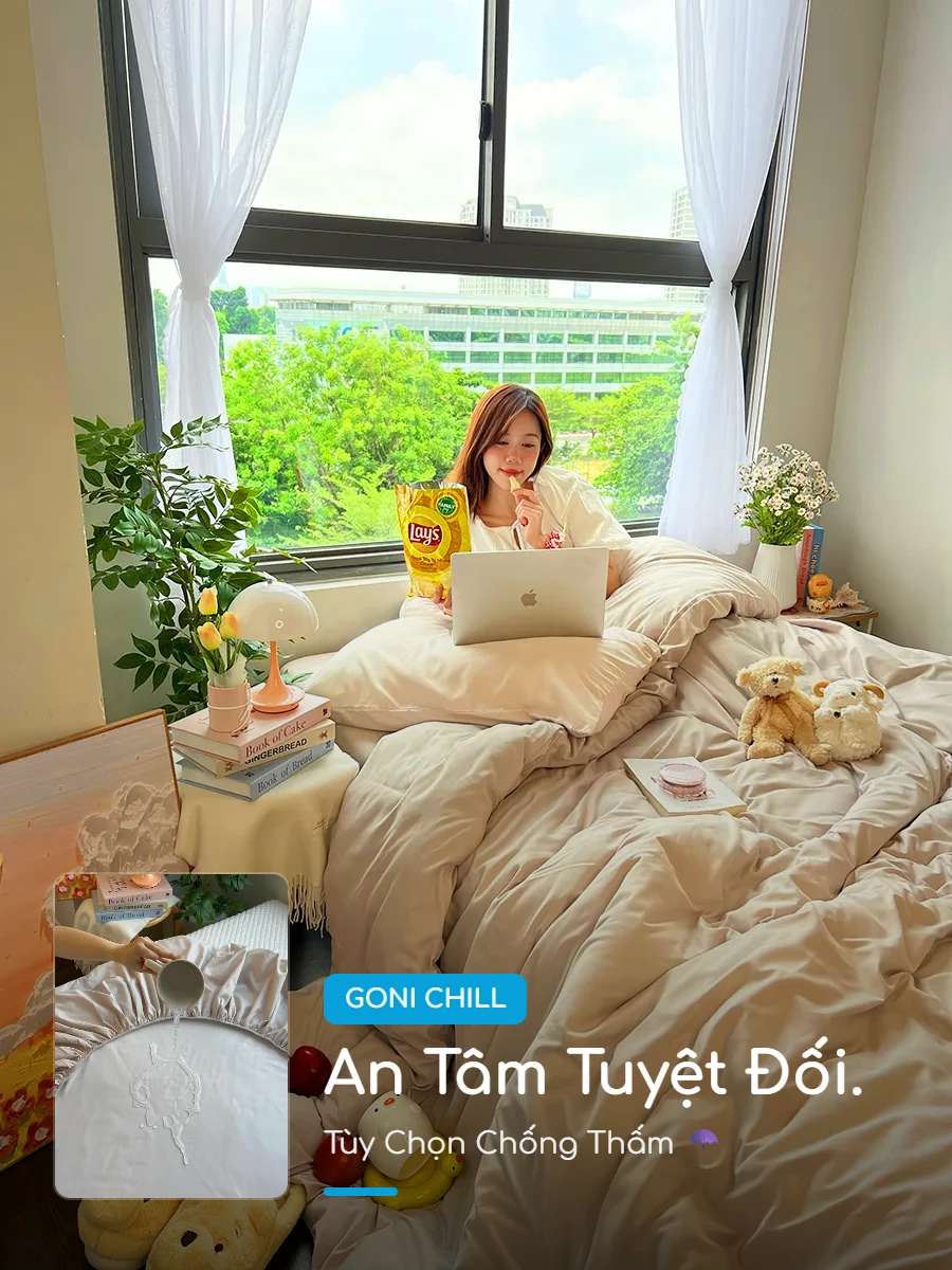 Bộ chăn ga gối Goni Chill màu Beige 52 Ga giường chống thấm Goni Chill Beige