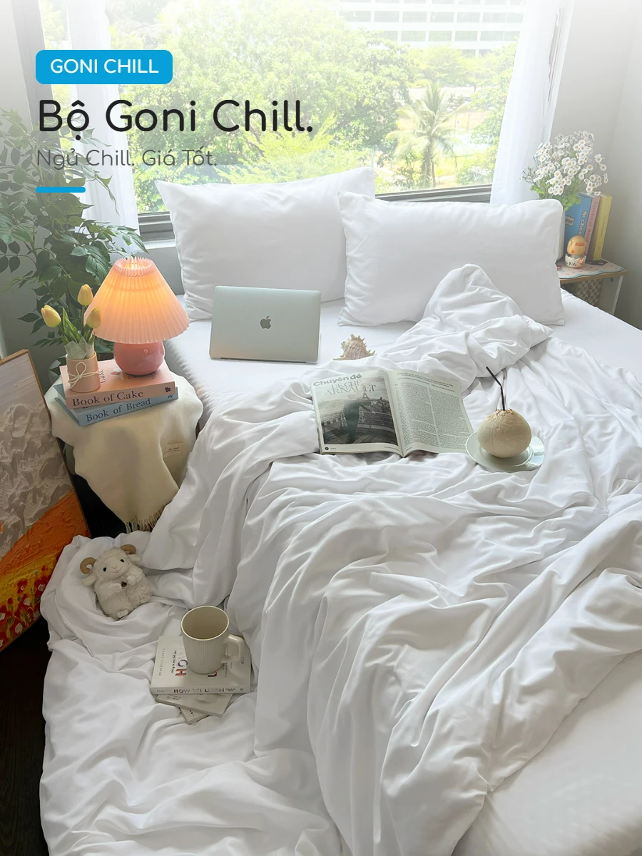 Bộ chăn ga gối Goni Chill màu Trắng 46 Goni Chill Trắng Trọn Bộ