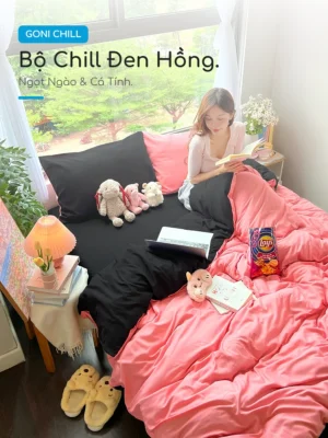 Bộ chăn ga gối Goni Chill màu Đen Hồng - Ảnh 2
