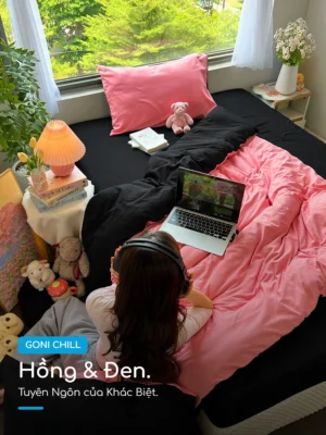 Bộ chăn ga gối Goni Chill màu Đen Hồng - Ảnh 5