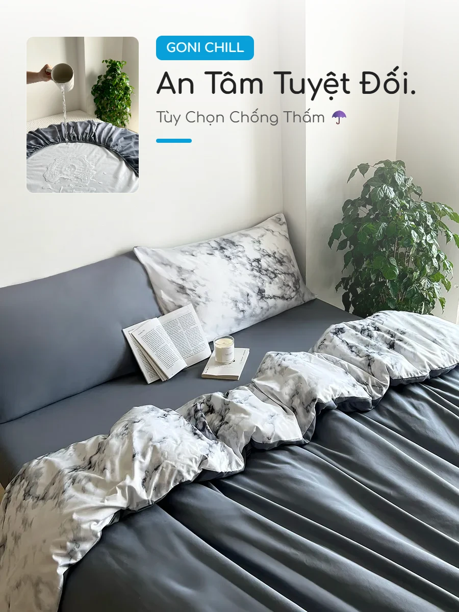 Bộ chăn ga gối Goni Chill hoạ tiết Trắng Cẩm Thạch 52 Ga giường chống thấm Goni Chill Beige