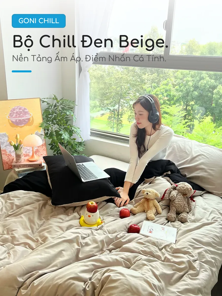Bộ chăn ga gối Goni Chill màu Đen Beige 47 Không gian phòng ngủ tối giản Goni Chill
