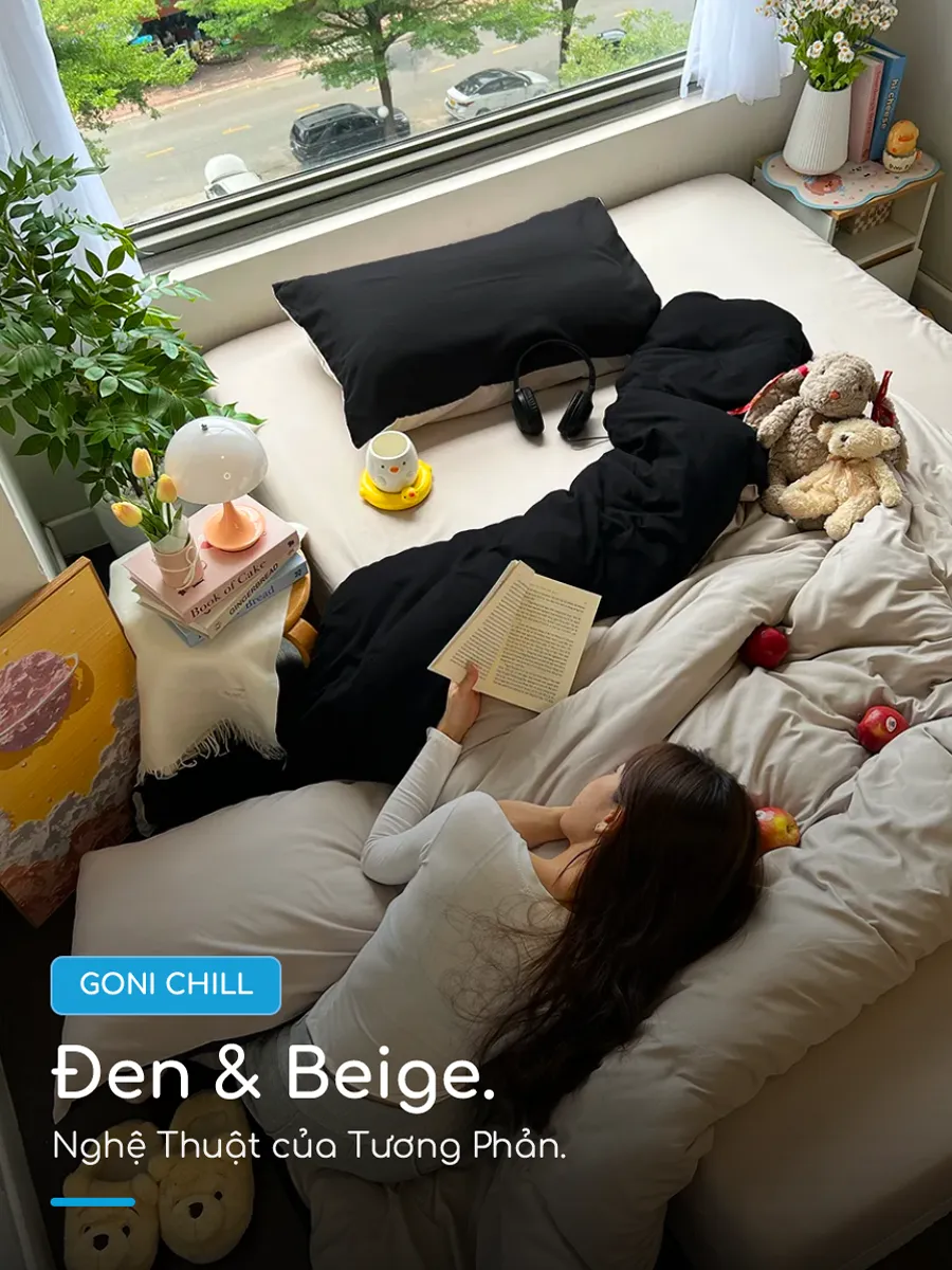 Bộ chăn ga gối Goni Chill màu Đen Beige 50 Phối màu Beige Đen thanh lịch