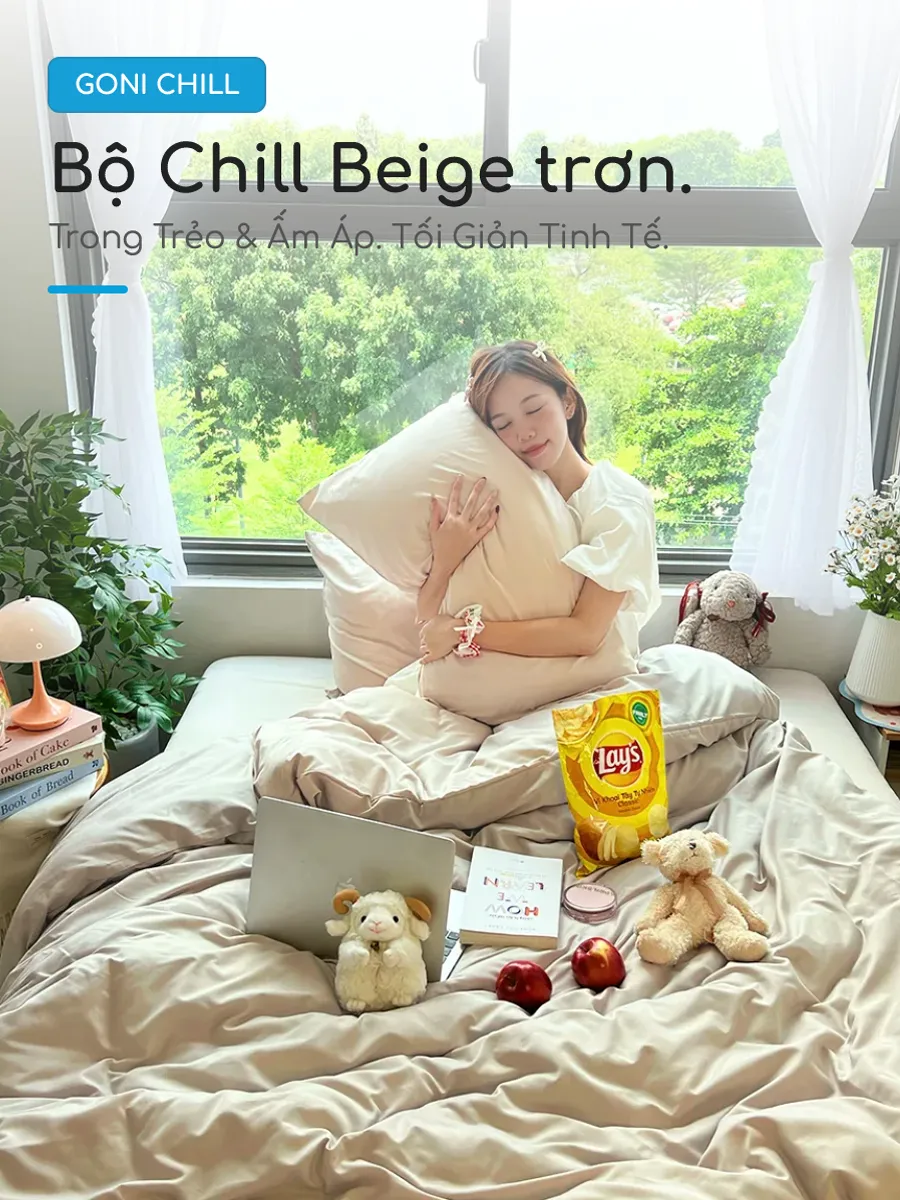 Bộ chăn ga gối Goni Chill màu Beige 47 Không gian phòng ngủ tối giản tinh tế