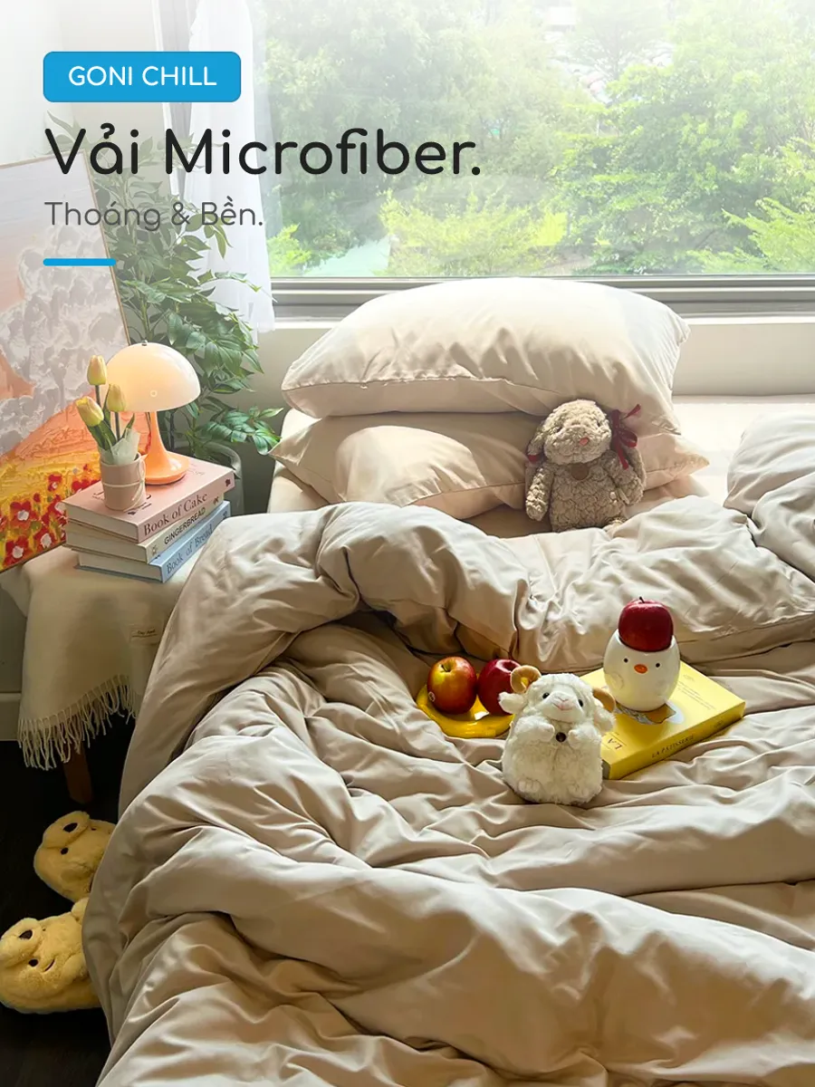 Bộ chăn ga gối Goni Chill màu Beige 49 Cận cảnh độ láng mịn của vải Goni Chill Beige
