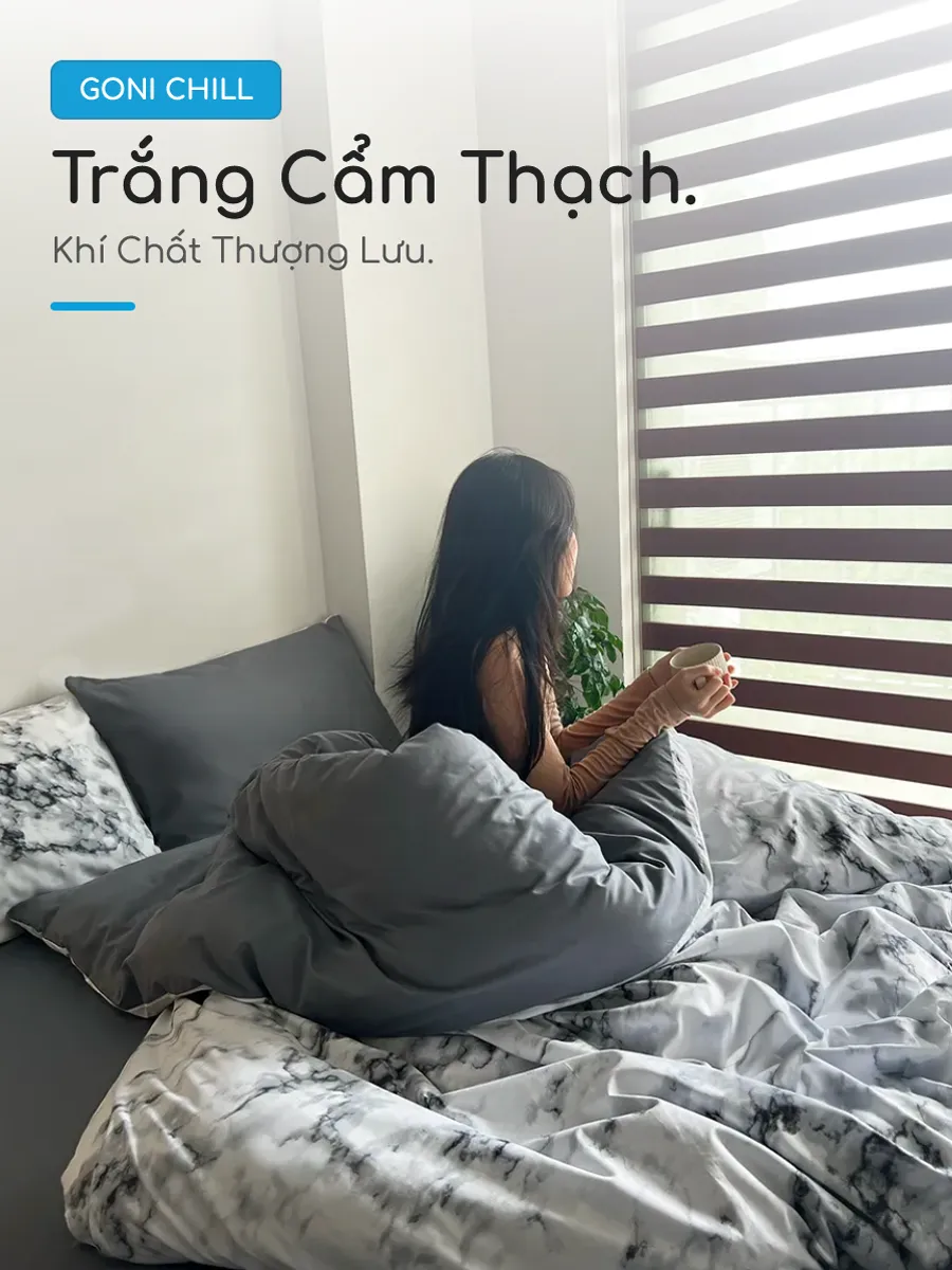 Bộ chăn ga gối Goni Chill hoạ tiết Trắng Cẩm Thạch 50 Phối màu Trắng Cẩm Thạch và Xám