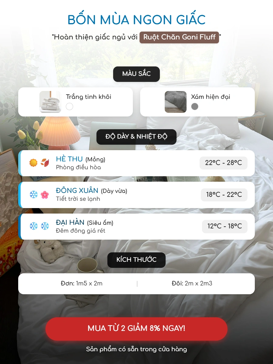 Bộ chăn ga gối Goni Chill màu Trắng 54 Combo Chill Fluff Trắng