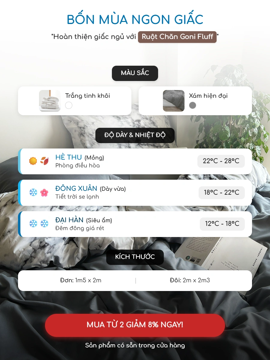Bộ chăn ga gối Goni Chill hoạ tiết Trắng Cẩm Thạch 54 Combo Chill Fluff Trắng Xám