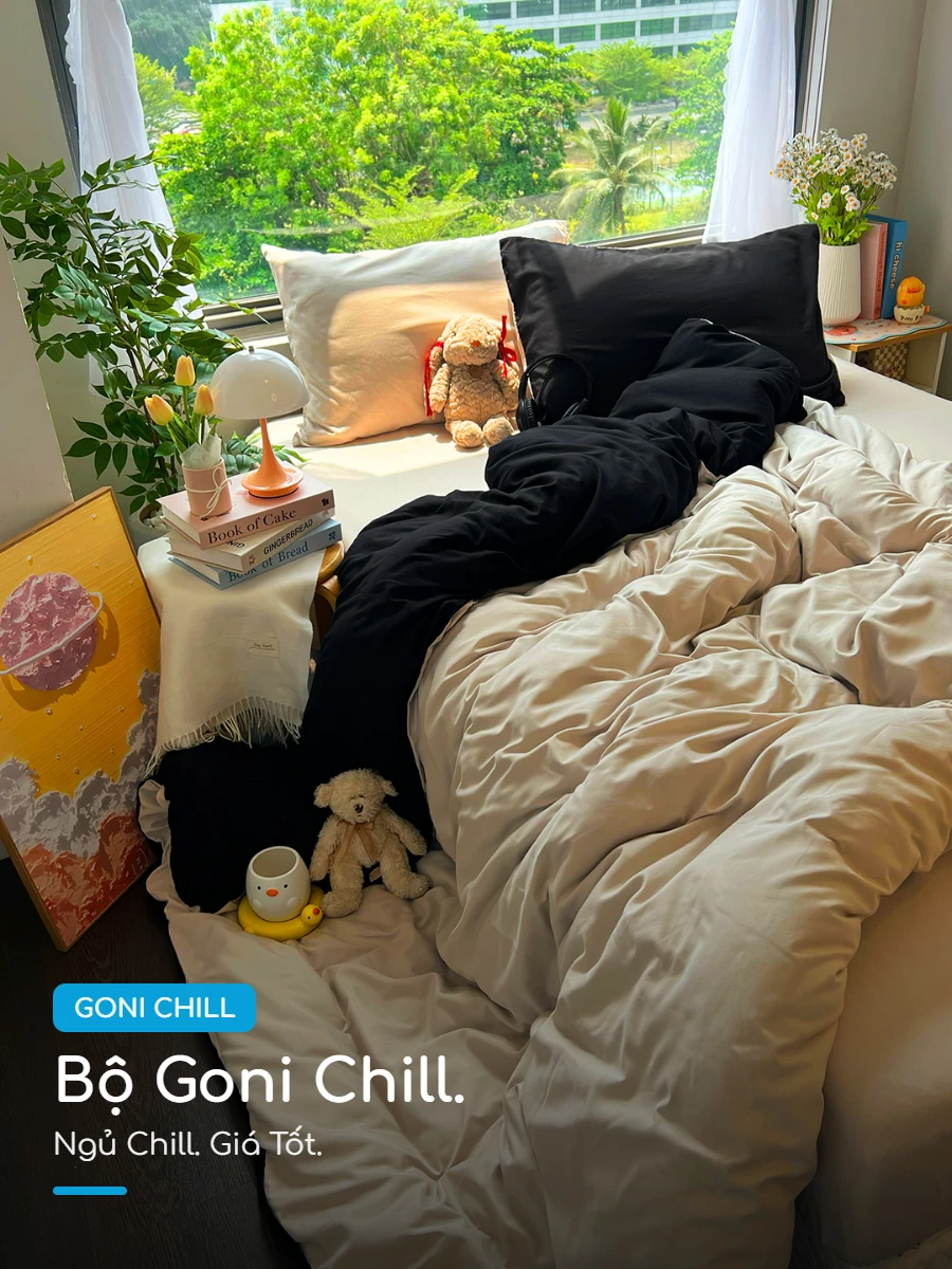 Bộ chăn ga gối Goni Chill màu Đen Beige 46 Goni Chill Đen Beige Trọn Bộ