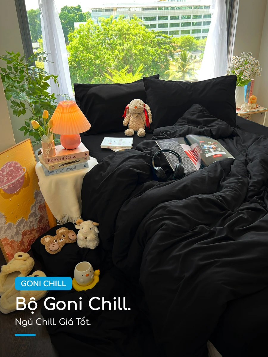 Bộ chăn ga gối Goni Chill màu Đen 46 Goni Chill Đen Trọn Bộ