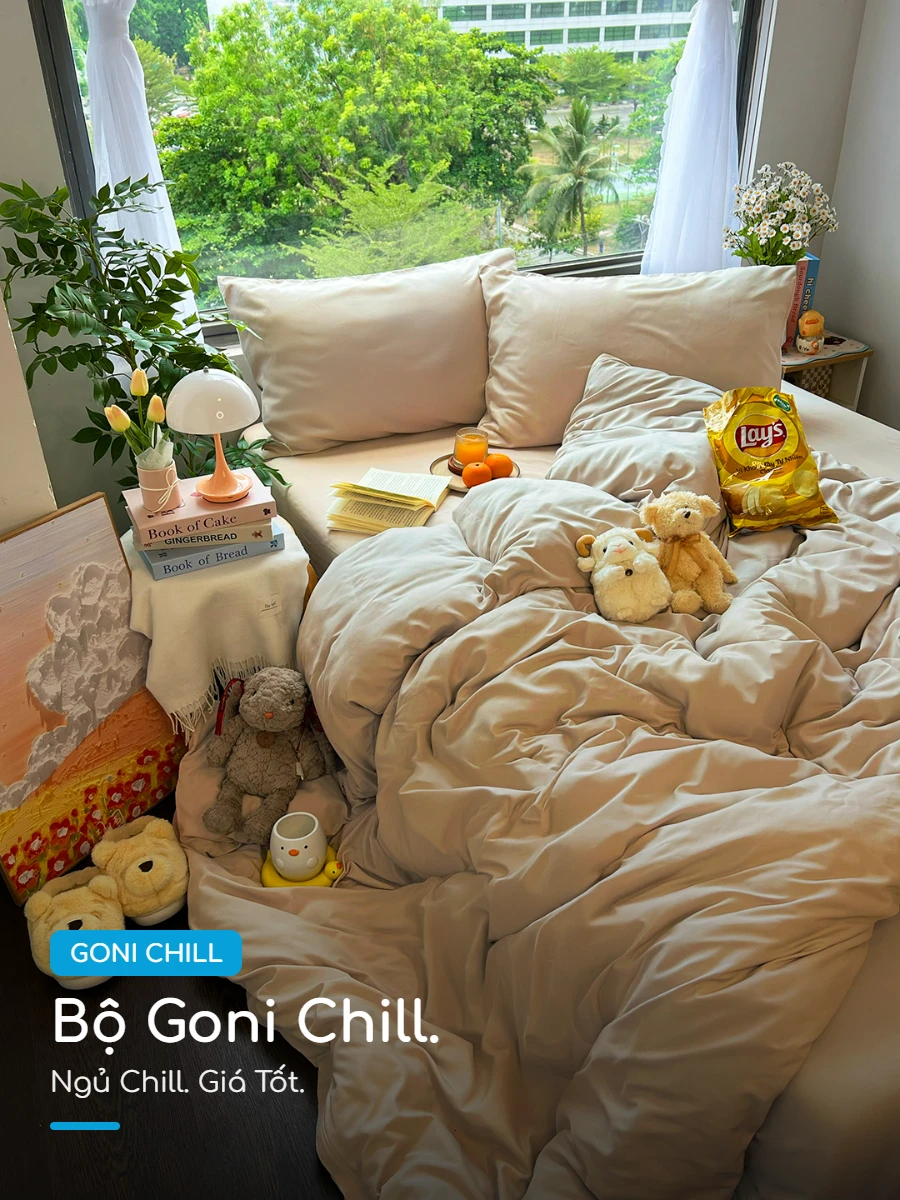 Bộ chăn ga gối Goni Chill màu Beige 46 Goni Chill Beige Trọn Bộ