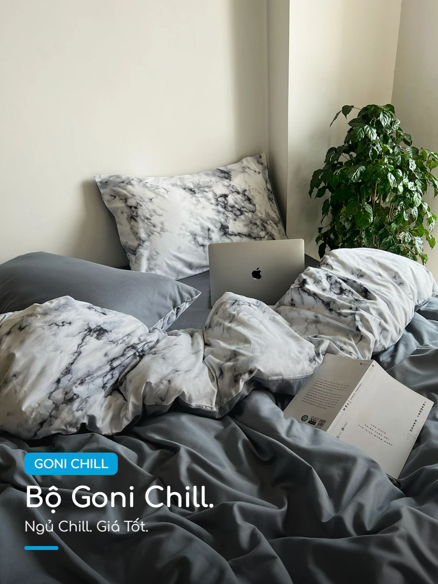Bộ chăn ga gối Goni Chill hoạ tiết Trắng Cẩm Thạch 46 Goni Chill Trắng Cẩm Thạch Xám Trọn Bộ