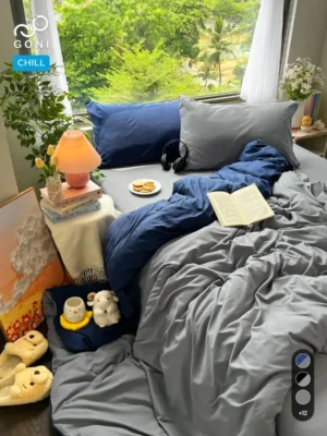 Bộ chăn ga gối Goni Chill màu Xanh Navy Xám