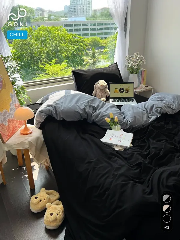 Bộ chăn ga gối Goni Chill màu Xám Đen