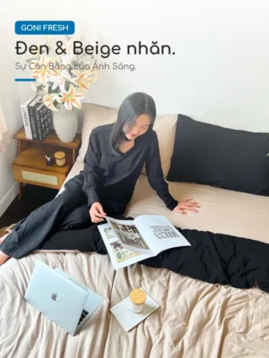Bộ chăn ga gối Goni Fresh màu Đen Beige nhăn - Ảnh 5