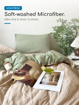 Bộ chăn ga gối Goni Fresh màu Oliu Beige nhăn - Ảnh 4