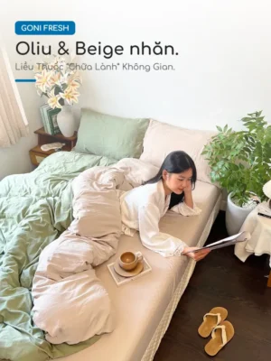 Bộ chăn ga gối Goni Fresh màu Oliu Beige nhăn - Ảnh 5