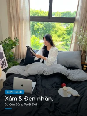 Bộ chăn ga gối Goni Fresh màu Xám Đen nhăn - Ảnh 5