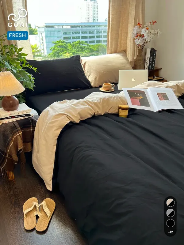 Bộ chăn ga gối Goni Fresh màu Beige Đen nhăn