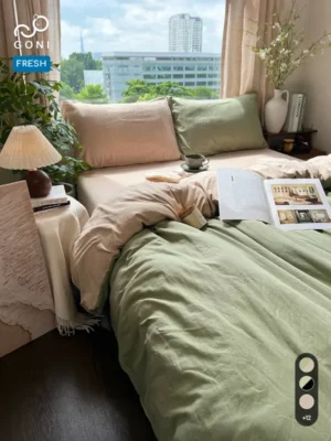 Bộ chăn ga gối Goni Fresh màu Oliu Beige nhăn